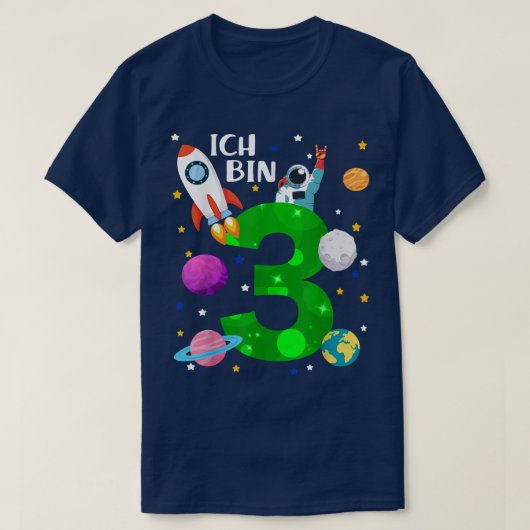 誕生日3年ロケット、惑星、星、宇宙飛行士 Tシャツ (デザイン正面)
