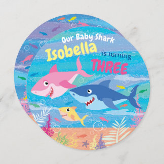 誕生日3歳、海の下、サメ3匹、パーティー 招待状