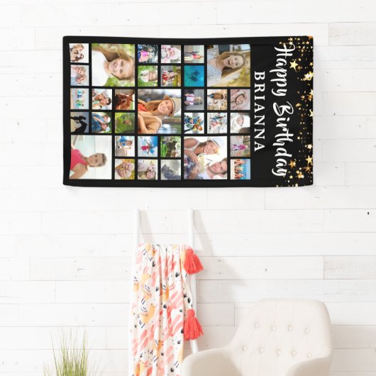 誕生日33フォトコラージュ黒金ゴールド星 横断幕 (インサイチュ)