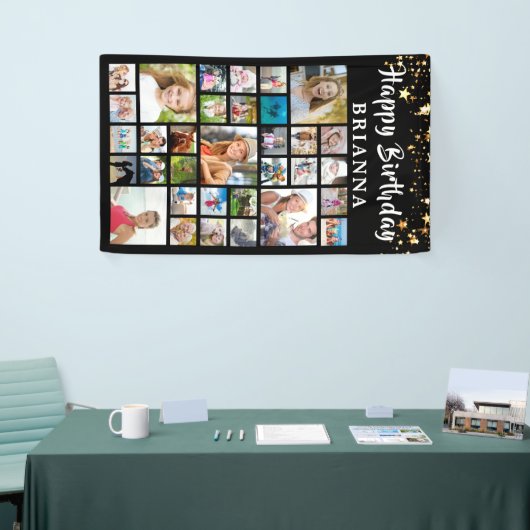 誕生日33フォトコラージュ黒金ゴールド星 横断幕 (トレードショー)