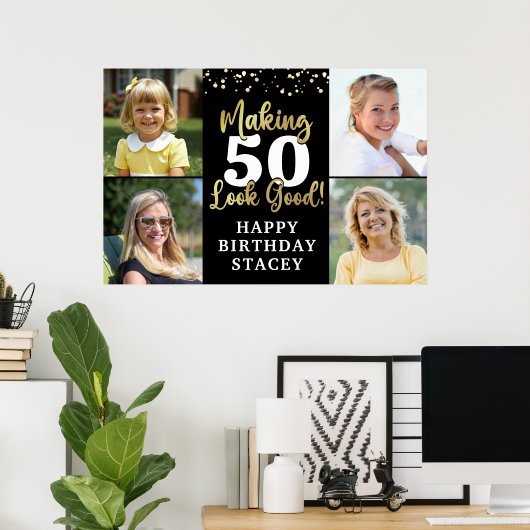 誕生日4写真AGE良い黒い金ゴールド ポスター (ホームオフィス)