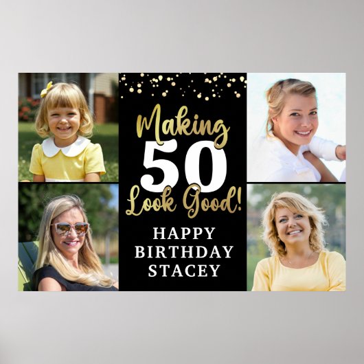 誕生日4写真AGE良い黒い金ゴールド ポスター (正面)