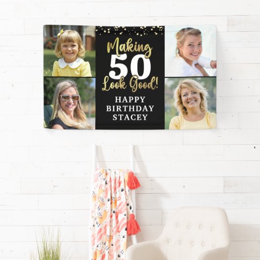 誕生日4写真AGE良い黒い金ゴールド 横断幕 (インサイチュ)