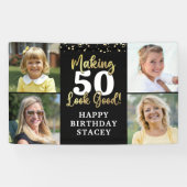 誕生日4写真AGE良い黒い金ゴールド 横断幕 (横)