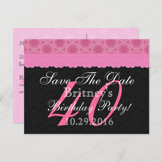 誕生日40th誕生日のピンクと黒のレースを保存 案内ポストカード (正面/裏面)