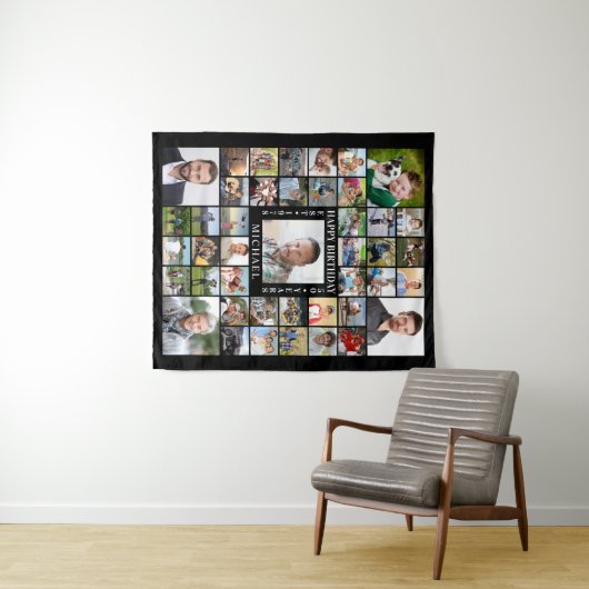 誕生日43フォトコラージュ名年齢白黒 タペストリー (インサイチュ(横))