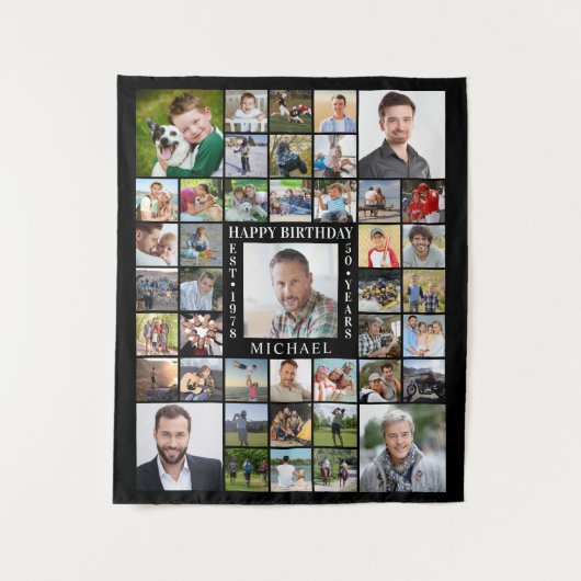 誕生日43フォトコラージュ名年齢白黒 タペストリー (正面)