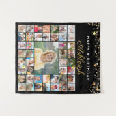 誕生日45フォトコラージュ黒金ゴールド星スクリプト タペストリー (正面(横))