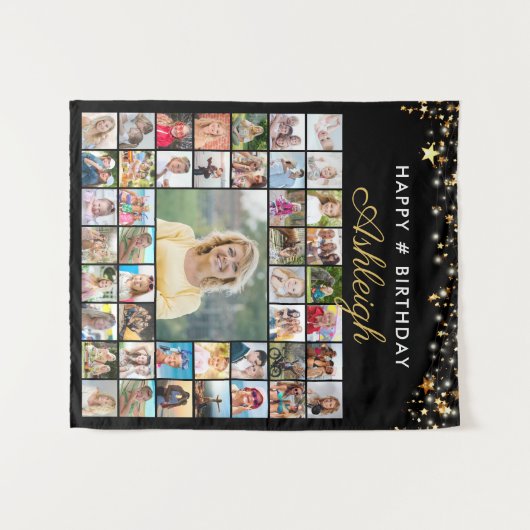 誕生日45フォトコラージュ黒金ゴールド星スクリプト タペストリー (正面(横))