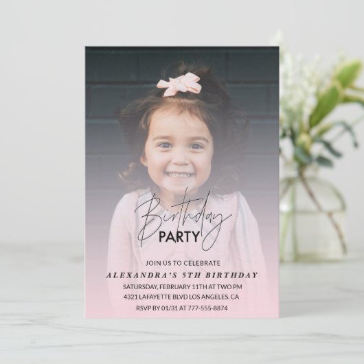誕生日5回目の招待バースデーパーティー写真ピンク 招待状 (スタンド正面)