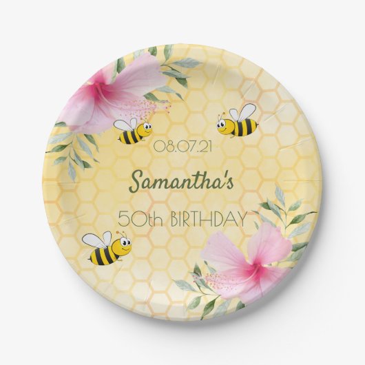 誕生日50パーティーハッピーバンブルハチのハニカム ペーパープレート (正面)