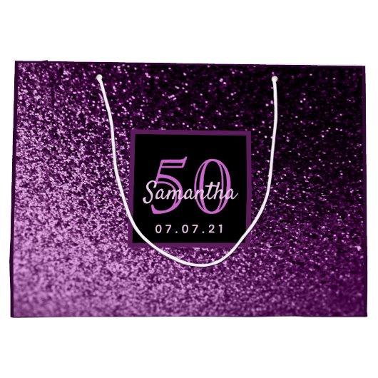 誕生日50パープルピンクグリッターグラムガール ラージペーパーバッグ (裏面)