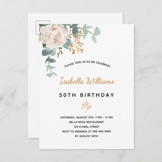 誕生日50フローラユーカリ金ゴールドグリーンエレガント ポストカード (正面/裏面)
