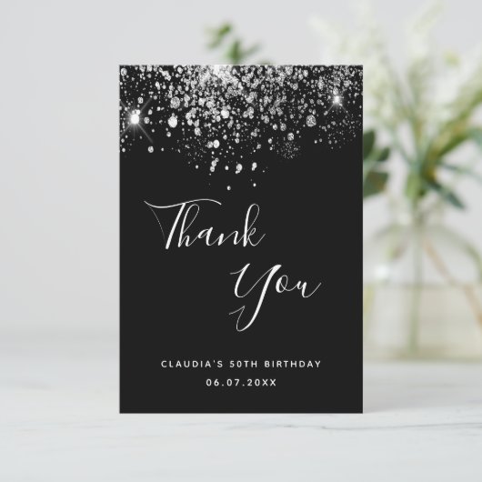 誕生日50ブラックシルバーグリッターグラマラス サンキューカード (スタンド正面)
