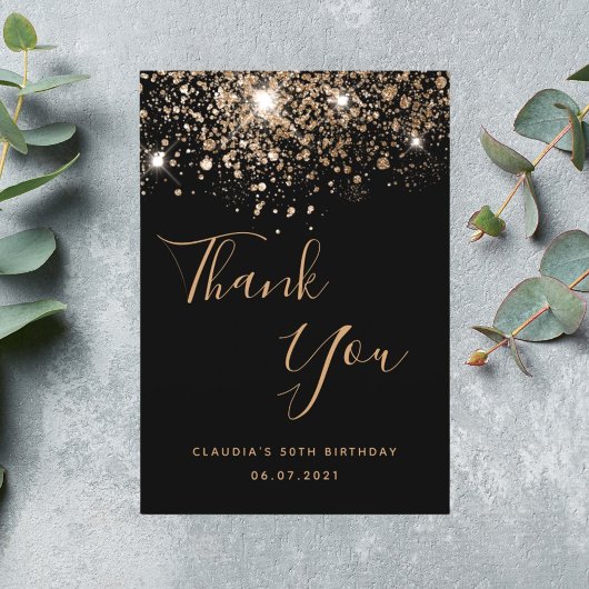 誕生日50ブラック金ゴールドグリッターグラマラス サンキューカード