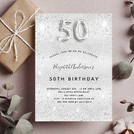 誕生日50回目のシルバーグリッター インビテーションポストカード