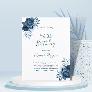 誕生日50青花模様白いスクリプト ポストカード