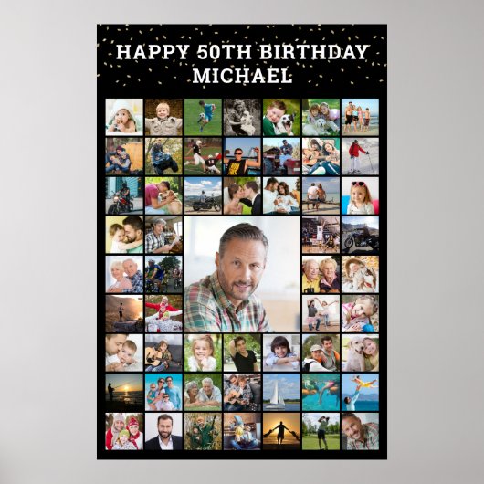 誕生日55フォトコラージュあなたのテキストと色 ポスター (正面)