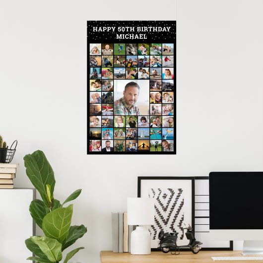 誕生日55フォトコラージュあなたのテキストと色 ポスター (ホームオフィス)