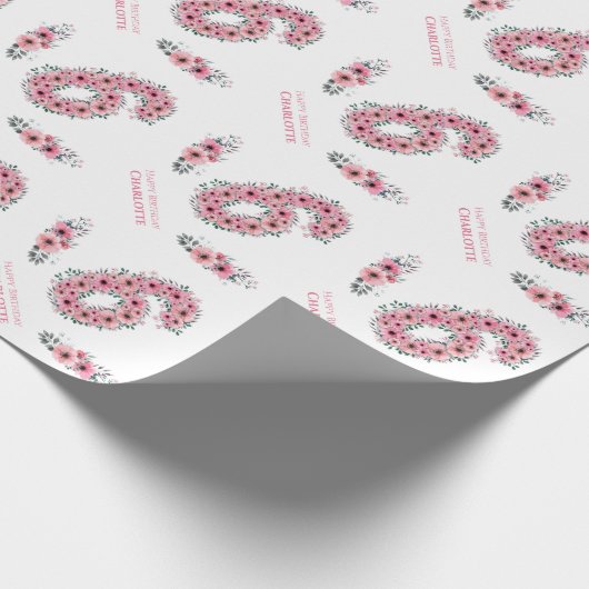 誕生日6人目ガールピンクの花緑 ラッピングペーパー (角)