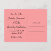 誕生日60th誕生日パーティコーラルピンクローズを保存 案内ポストカード (裏面)
