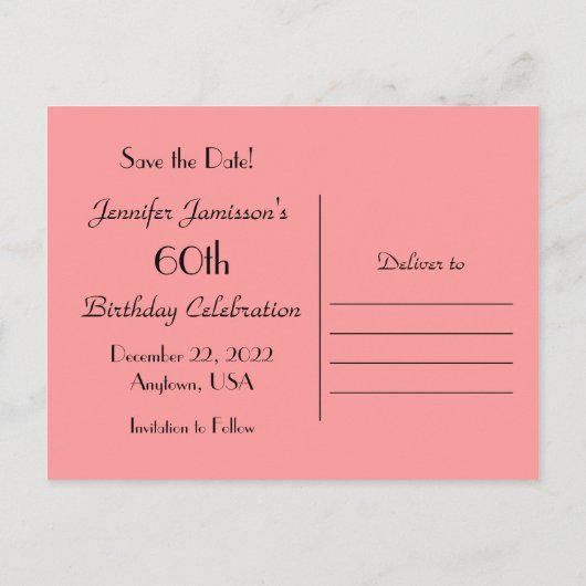 誕生日60th誕生日パーティコーラルピンクローズを保存 案内ポストカード (裏面)