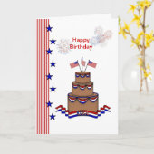 誕生日7月4日アメリカ国旗、星、ストライプケーキ カード (黄色い花)