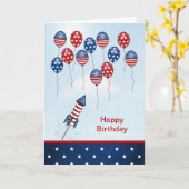 誕生日7月4日。星、ストライプ、風船 カード (黄色い花)