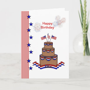 誕生日7月4日。米国国旗，星，ストライプ，ケーキ カード