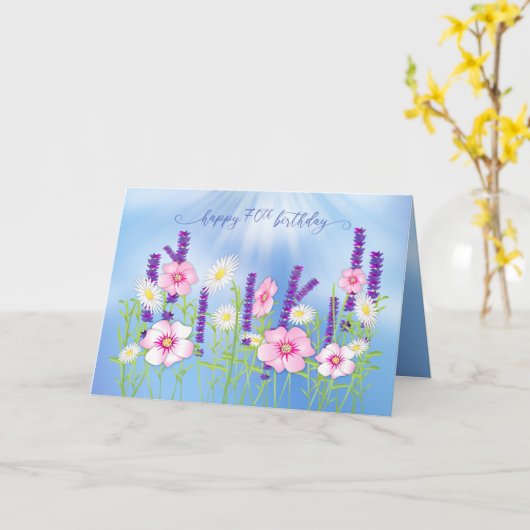 誕生日70thソフトデリケートフラワーガーデンブルー カード (黄色い花)