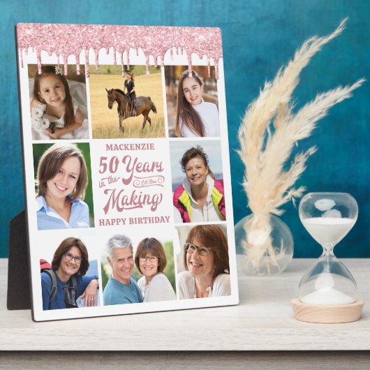 誕生日8写真バラ金ゴールドピンクグリッタードリップ フォトプラーク (側面)