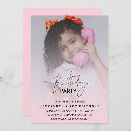 誕生日8回目の招待バースデーパーティー写真ピンク 招待状 (正面/裏面)