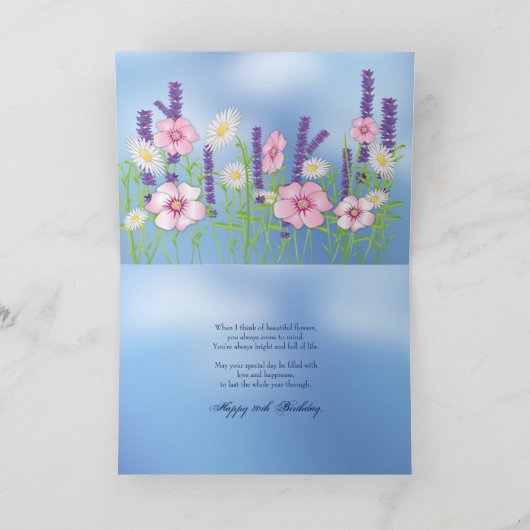 誕生日80thソフト繊細なフラワーガーデンブルー カード (内部)