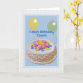 誕生日、いとこ、ケーキ、風船 カード (黄色い花)