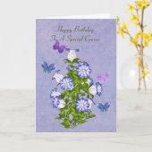 誕生日、いとこ、蝶、釣り花 カード (黄色い花)