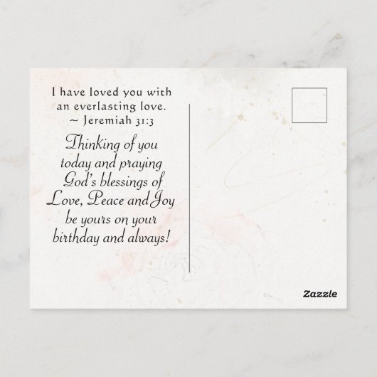 誕生日「わたしはあなたを愛している」聖書の一節 ピンクのバラ ポストカード (裏面)
