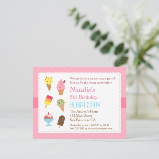 誕生日、アカラフルイスクリームパーティの招待状 招待状 (スタンド正面)
