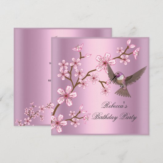 誕生日 アジア ピンクの花 鳥 招待状 (正面/裏面)