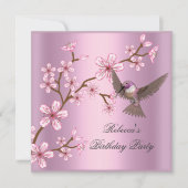 誕生日 アジア ピンクの花 鳥 招待状 (正面)