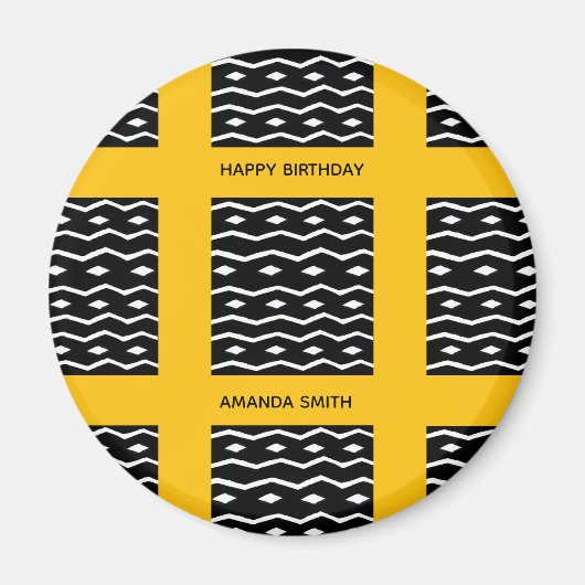 誕生日、アフリカアートエスニックパターンオレンジスクエア マグネット (正面)