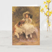 誕生日、コリーと子猫とのビンテージの子供 カード (黄色い花)