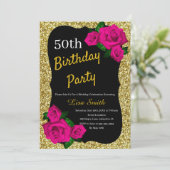 誕生日 ゴールド グリッター ピンクのバラ 誕生日 招待状 (スタンド正面)