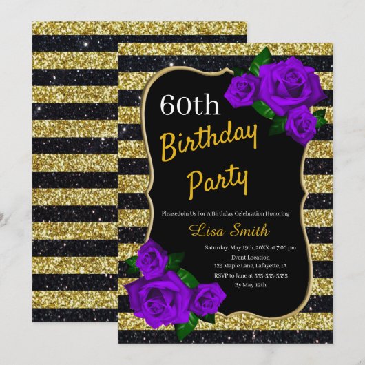 誕生日 ゴールド ブラック ストライプ グリッター パープル ローズ 招待状 (正面/裏面)