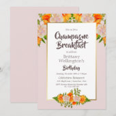 誕生日 ゴールド ブラッシュ フラワー シャンパン ブレックファスト 招待状 (正面/裏面)