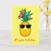 誕生日!:シェード付き熱帯パイナップル漫画 カード (黄色い花)