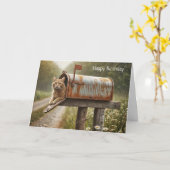 誕生日・ジンジャー・キャット・イン・ザ・メールボックス カード (黄色い花)