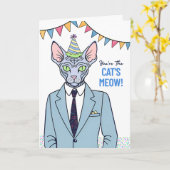 誕生日・スフィンクス猫がスーツの猫ニャーに身を包む カード (黄色い花)