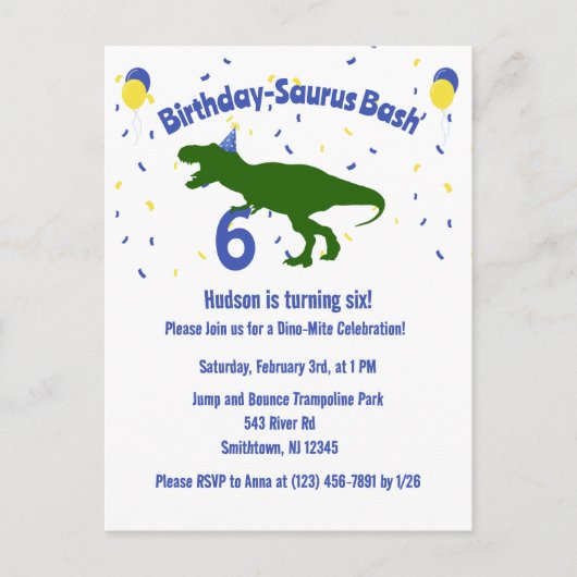 「誕生日・ソーラス」恐竜の誕生会 インビテーションポストカード (正面)