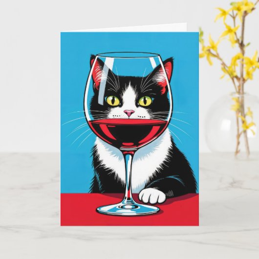 誕生日・タキシード猫がワイングラスを覗き込む カード (黄色い花)