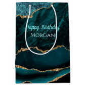 誕生日, ティール, ゴールド & ブラック アゲート, 白い名前 ミディアムペーパーバッグ (正面)